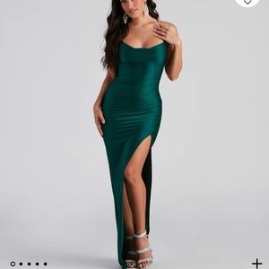 Cowl neck emerald green gown